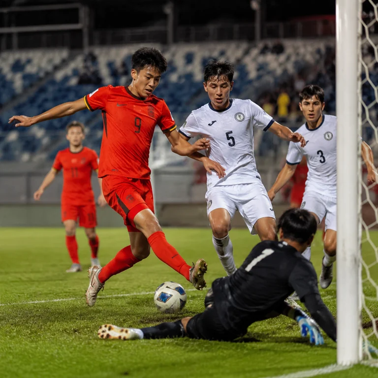 U16国足对阵吉尔吉斯斯坦比赛中门前攻防的示意画面