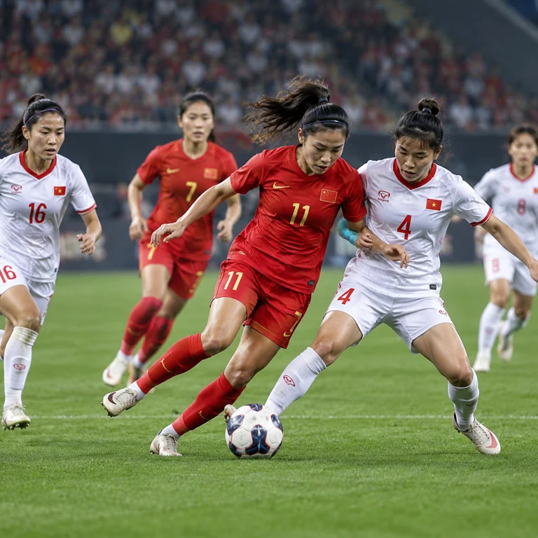 中国女足与越南女足比赛中的中场对抗场景